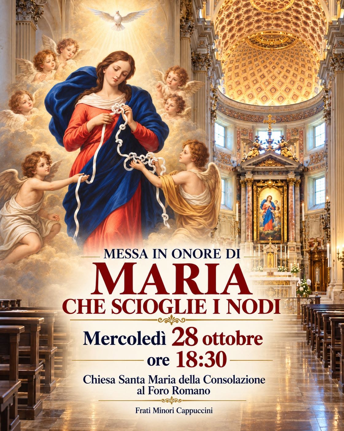 Ogni 28 del mese ci ritroveremo insieme per onorare Maria che scioglie i nodi, affidandole le nostre preghiere, le nostre intenzioni e i nodi della nostra vita. Santa Messa alle ore 18:30.
Vi aspettiamo per pregare insieme sotto lo sguardo materno di Maria.